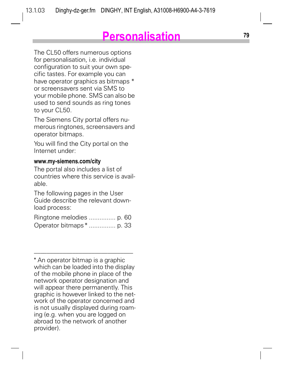 Personalisation | Siemens CL50 User Manual | Page 80 / 86