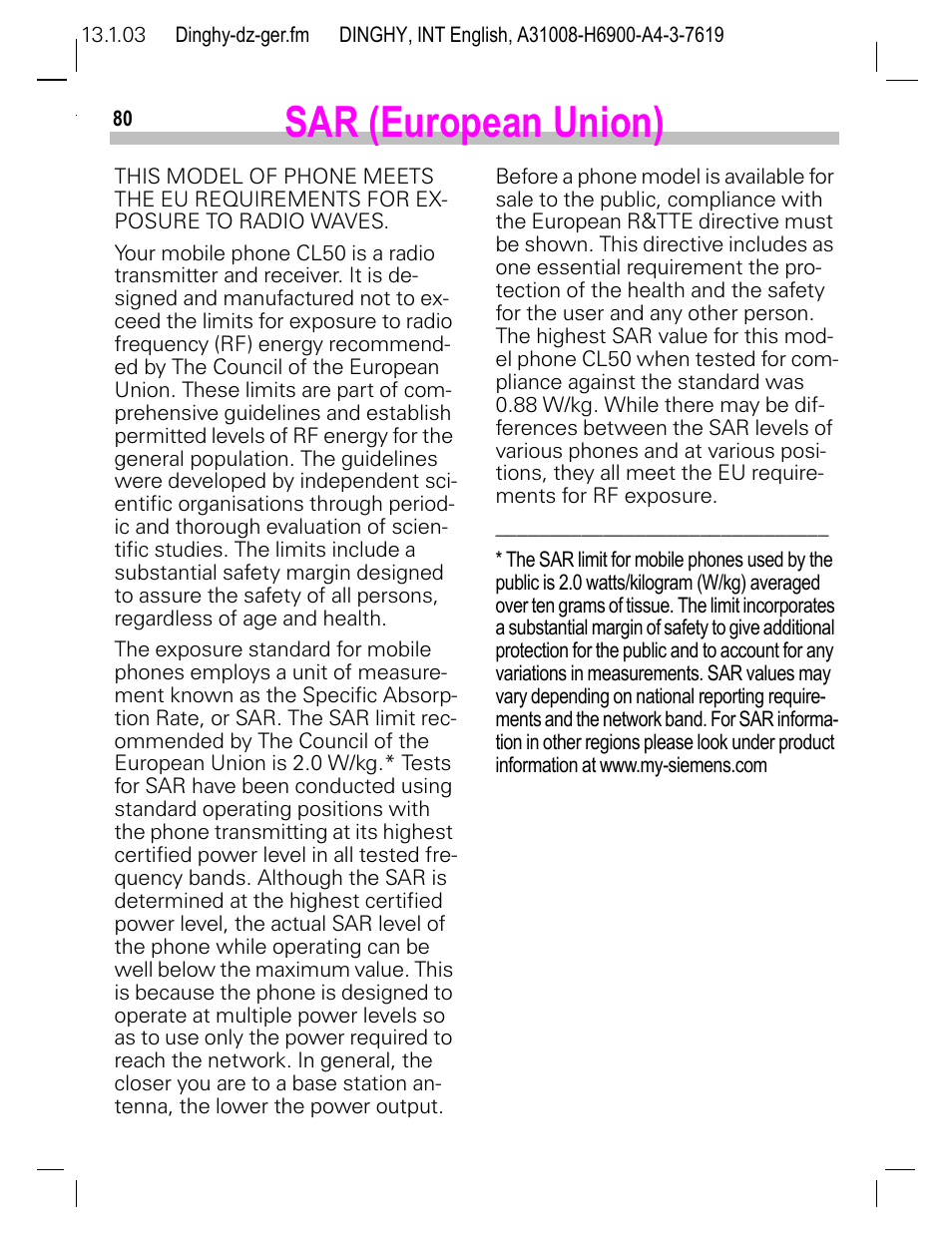 Sar (european union) | Siemens CL50 User Manual | Page 81 / 86