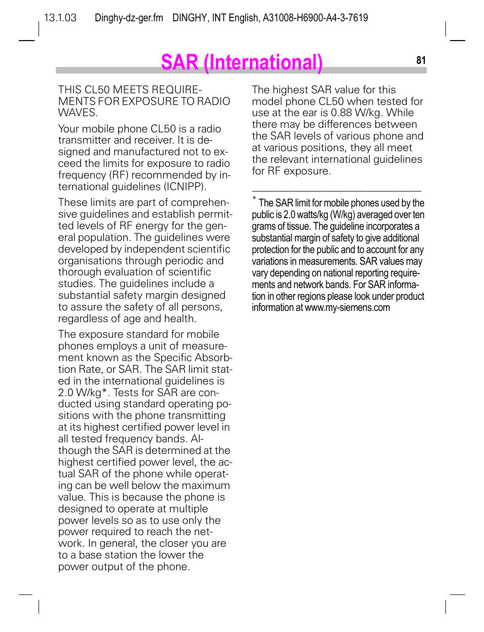 Sar (international) | Siemens CL50 User Manual | Page 82 / 86
