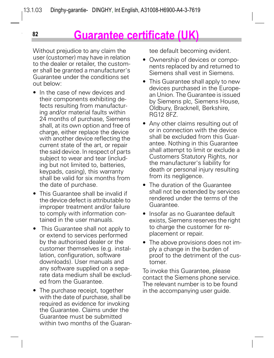 Guarantee certificate (uk) | Siemens CL50 User Manual | Page 83 / 86