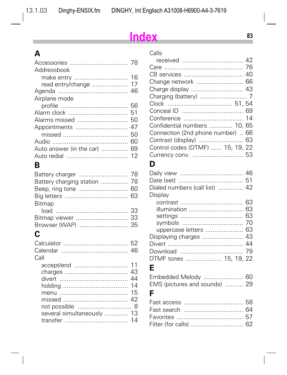 Index | Siemens CL50 User Manual | Page 84 / 86