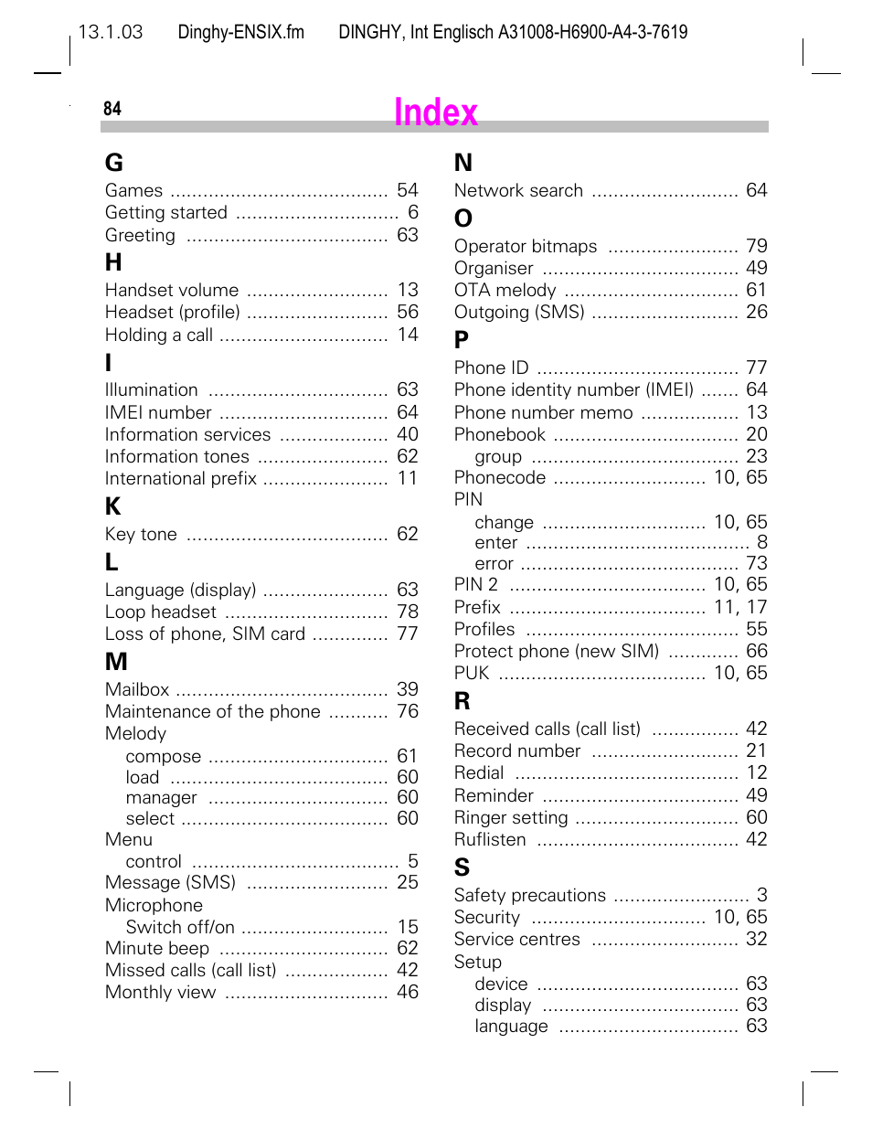 Index | Siemens CL50 User Manual | Page 85 / 86