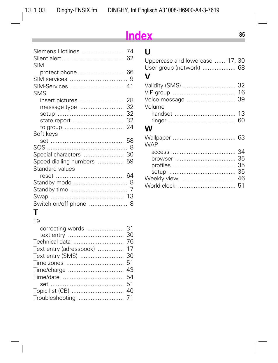 Index | Siemens CL50 User Manual | Page 86 / 86