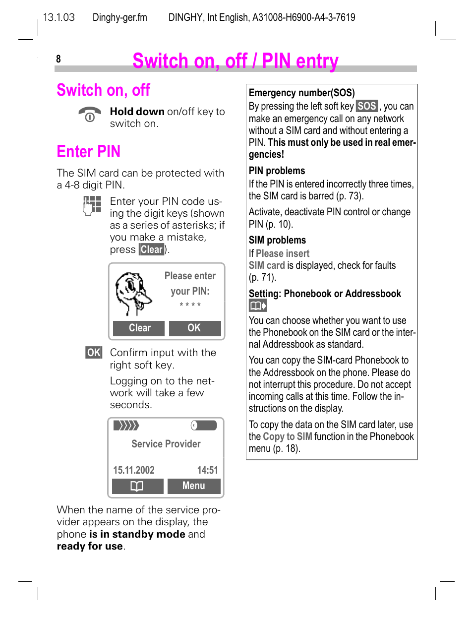 Switch on, off / pin entry, Switch on, off, Enter pin | Siemens CL50 User Manual | Page 9 / 86