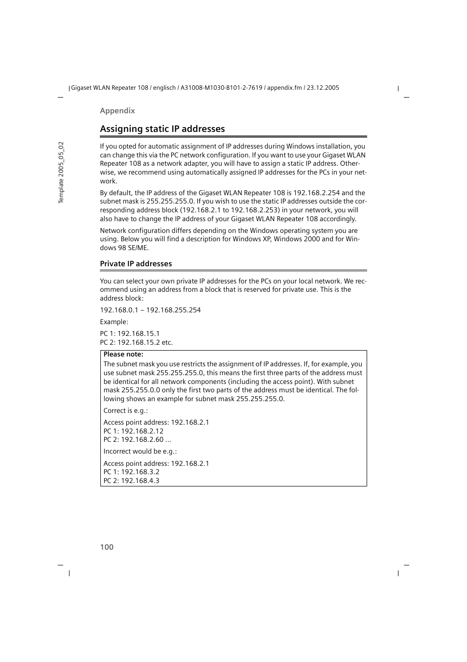 Assigning static ip addresses, Private ip addresses | Siemens 108 User Manual | Page 102 / 143