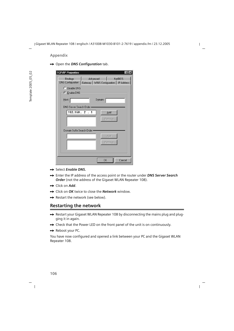 Restarting the network | Siemens 108 User Manual | Page 108 / 143