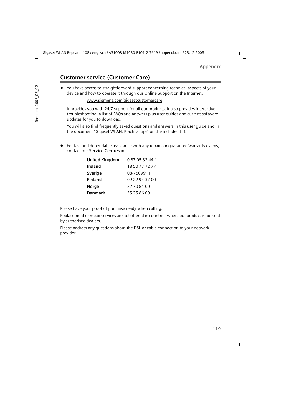 Customer service (customer care) | Siemens 108 User Manual | Page 121 / 143