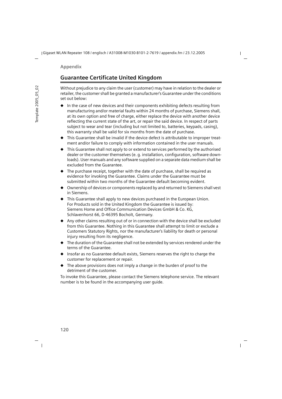 Guarantee certificate united kingdom | Siemens 108 User Manual | Page 122 / 143