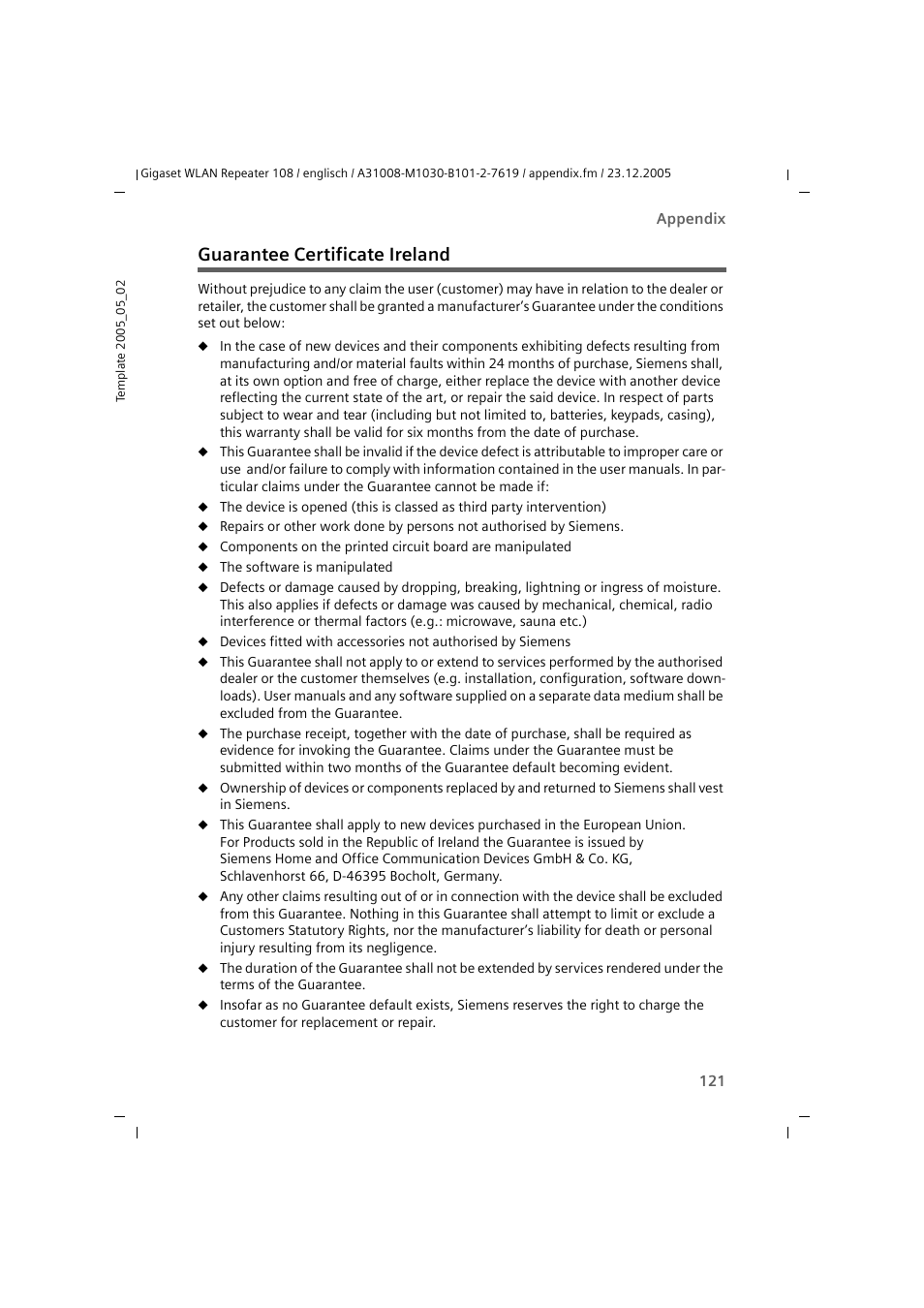 Guarantee certificate ireland | Siemens 108 User Manual | Page 123 / 143