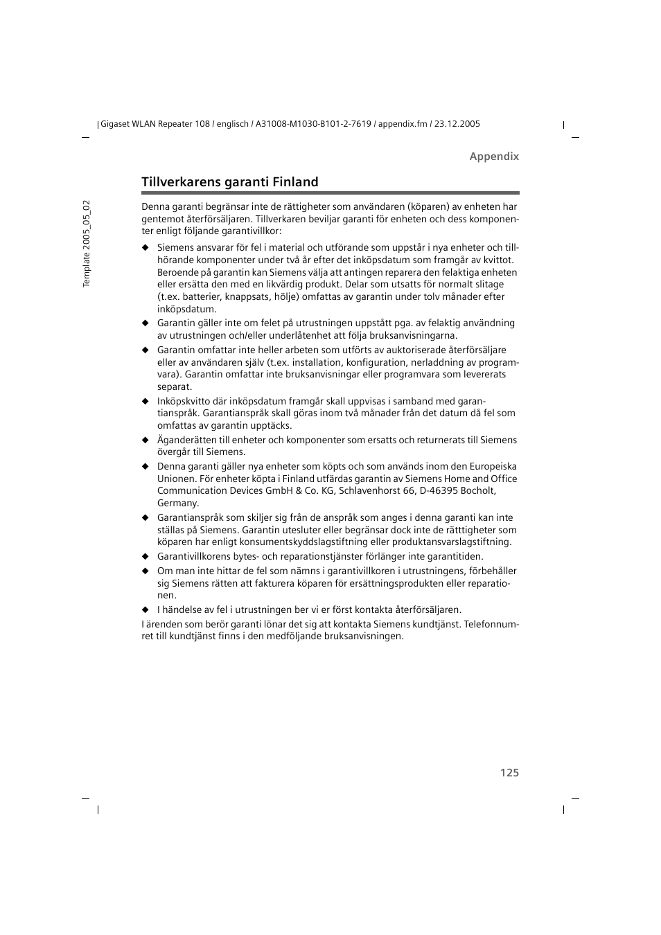 Tillverkarens garanti finland | Siemens 108 User Manual | Page 127 / 143