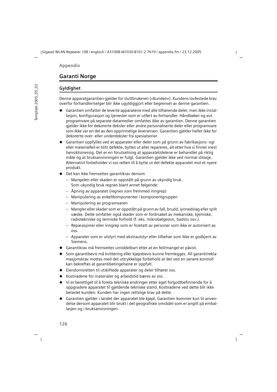 Garanti norge, Gyldighet | Siemens 108 User Manual | Page 128 / 143