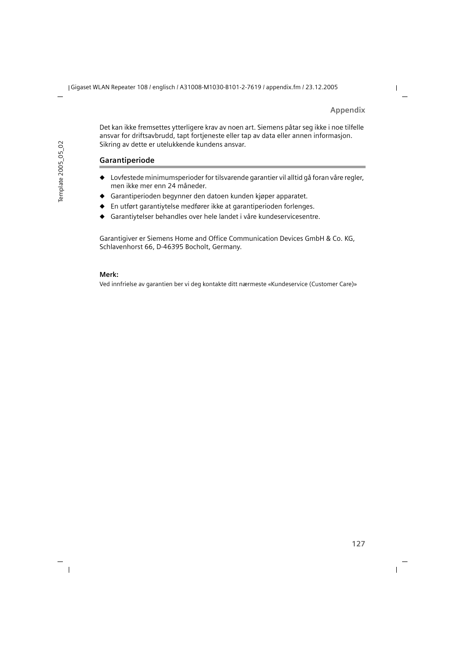 Garantiperiode | Siemens 108 User Manual | Page 129 / 143