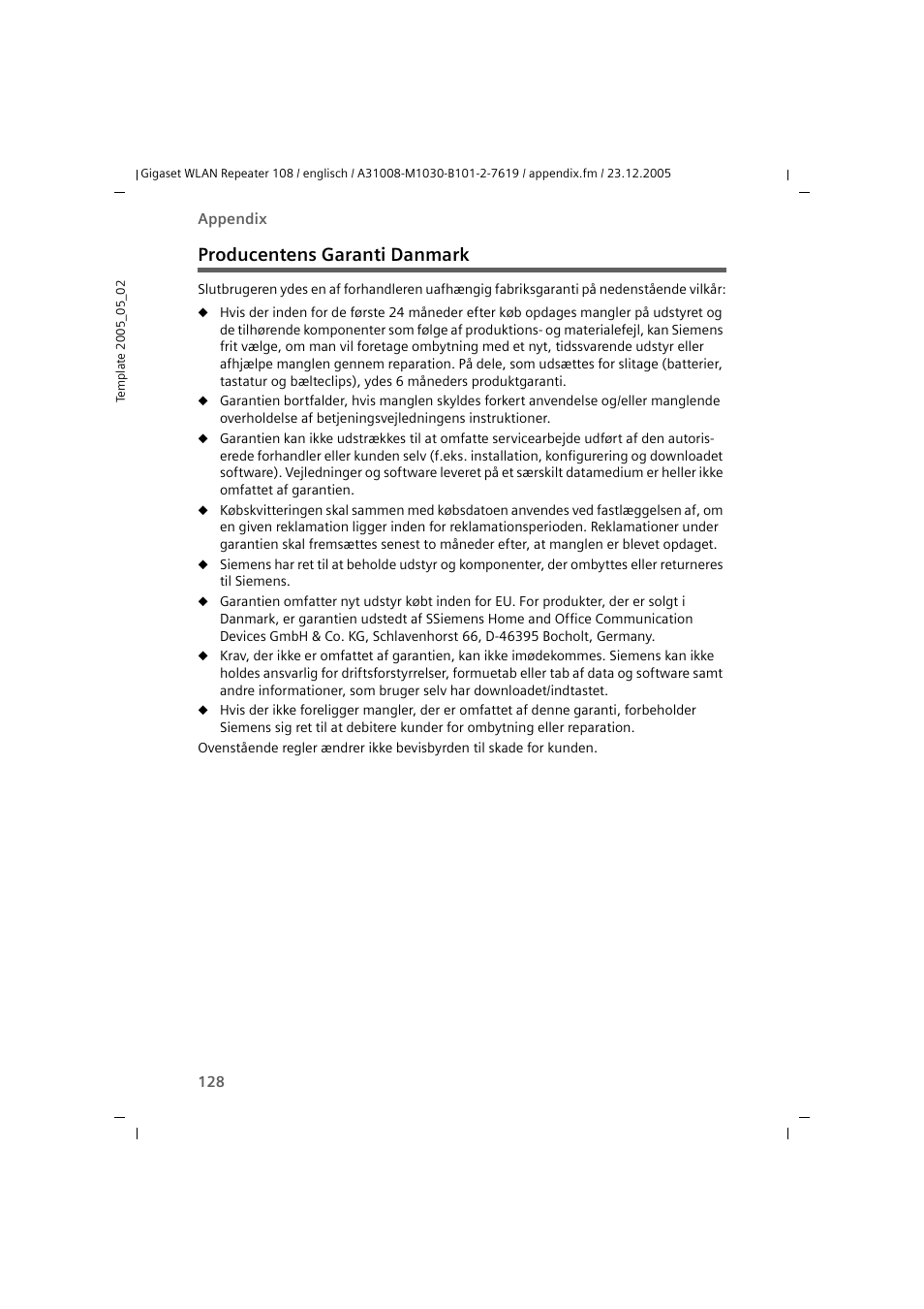 Producentens garanti danmark | Siemens 108 User Manual | Page 130 / 143