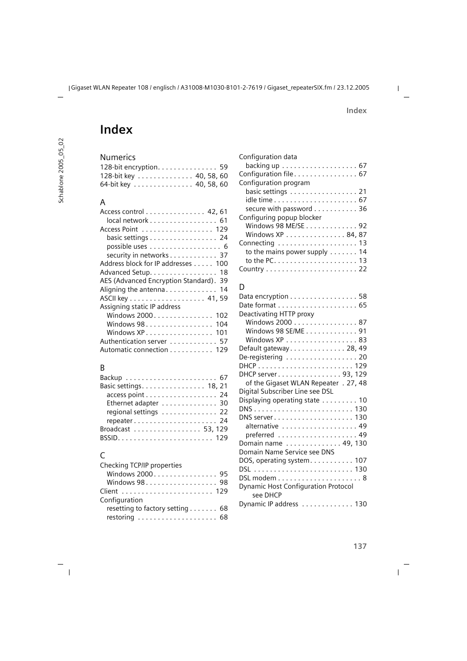 Index | Siemens 108 User Manual | Page 139 / 143