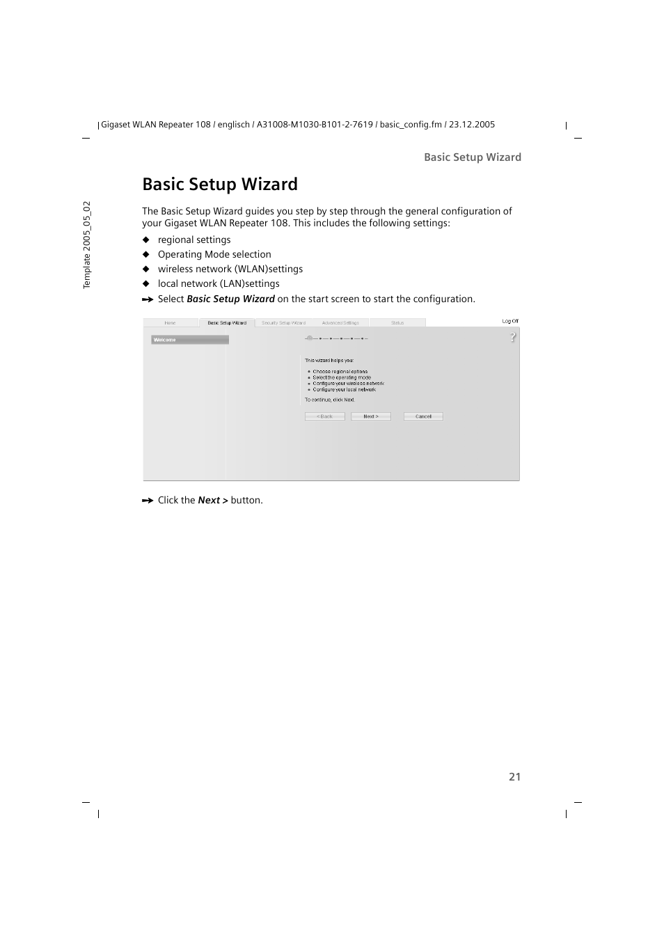 Basic setup wizard | Siemens 108 User Manual | Page 23 / 143