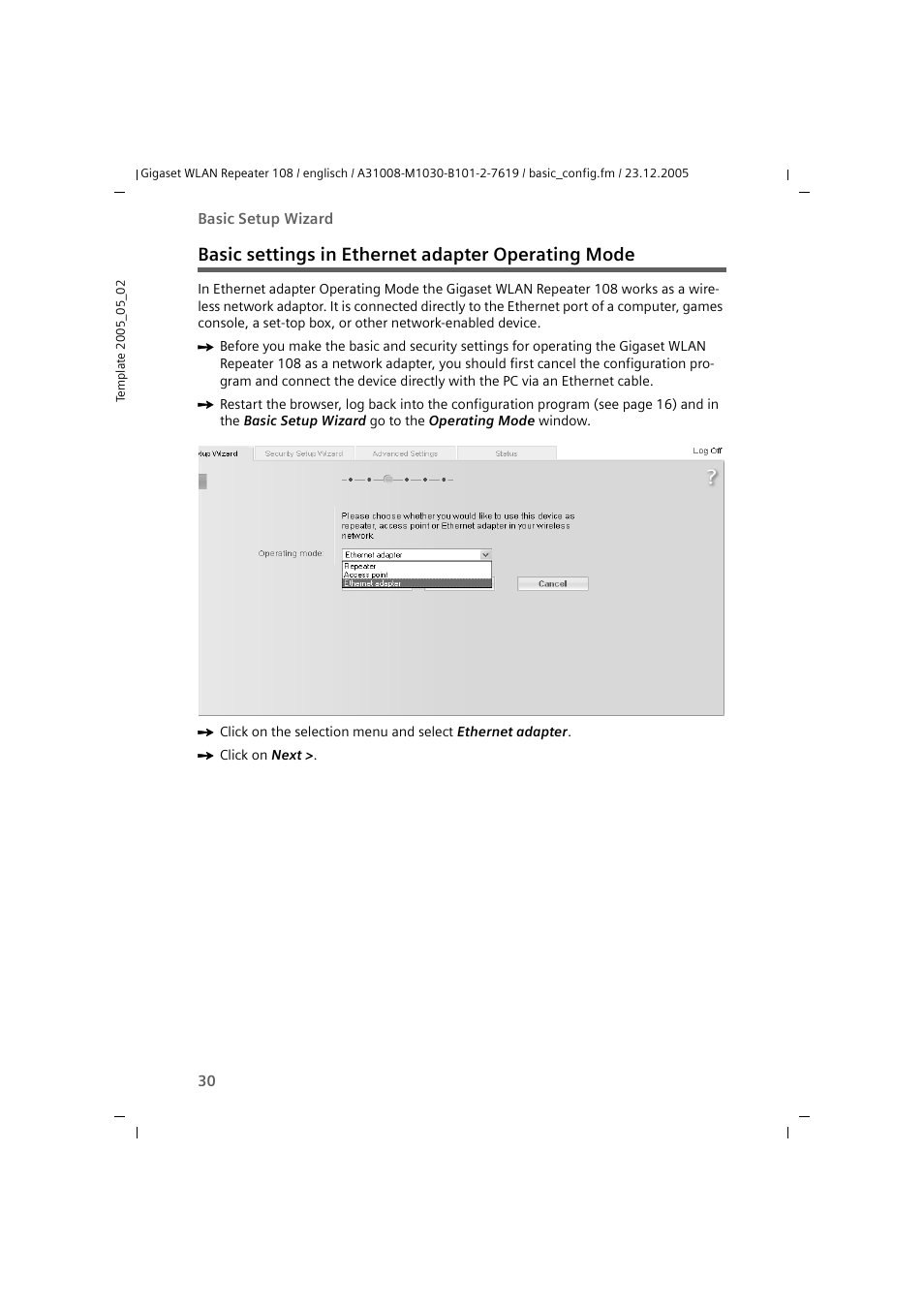 Basic settings in ethernet adapter operating mode | Siemens 108 User Manual | Page 32 / 143