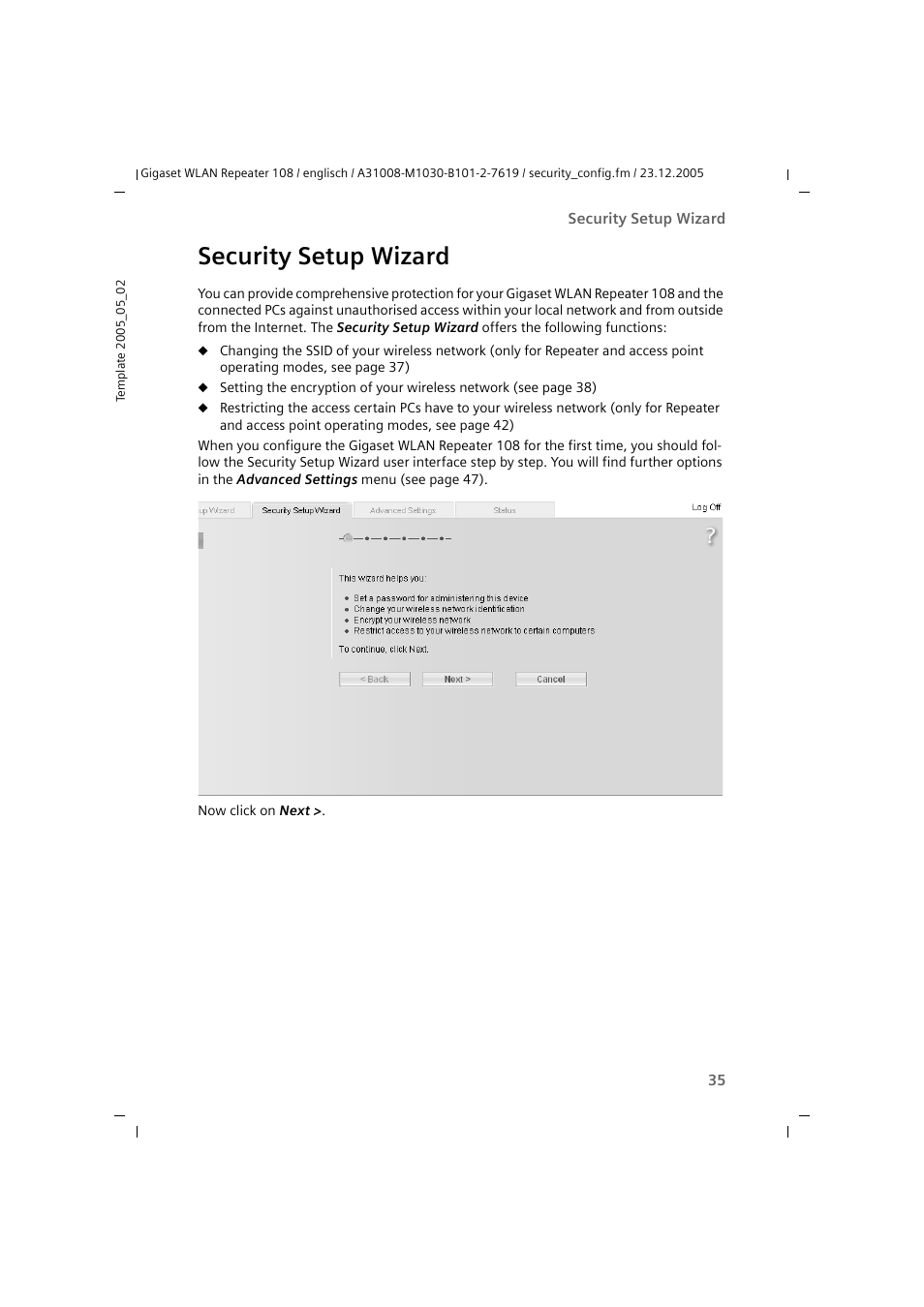 Security setup wizard | Siemens 108 User Manual | Page 37 / 143