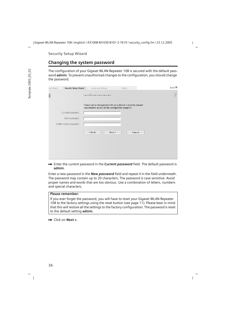 Changing the system password | Siemens 108 User Manual | Page 38 / 143