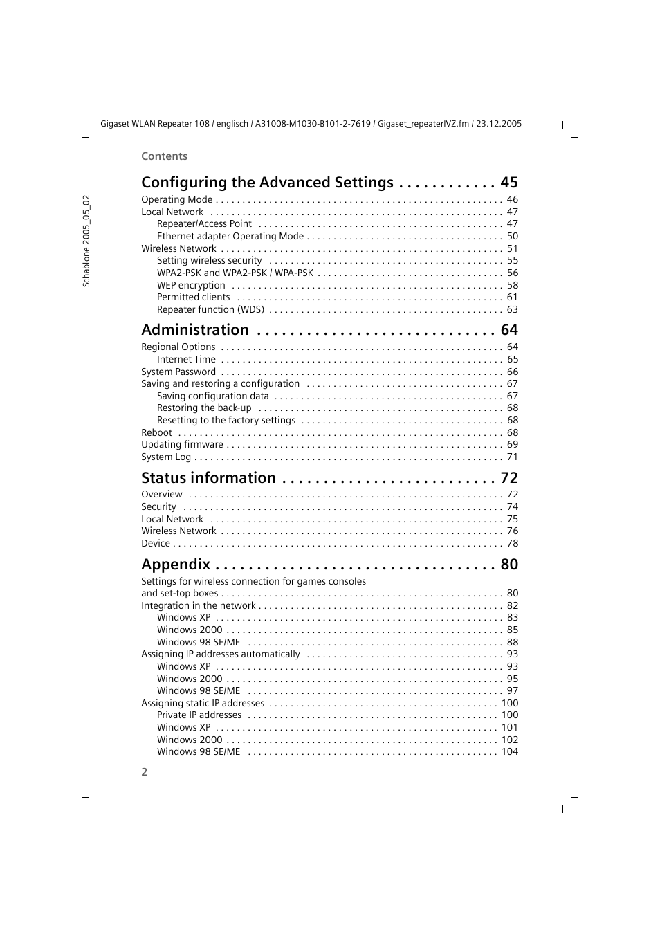 Configuring the advanced settings, Administration, Status information | Appendix | Siemens 108 User Manual | Page 4 / 143