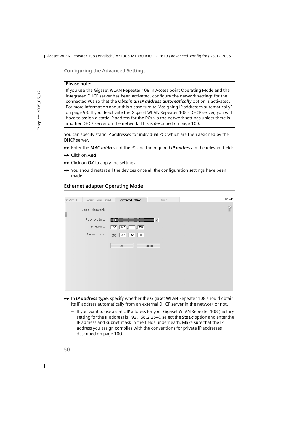 Ethernet adapter operating mode | Siemens 108 User Manual | Page 52 / 143