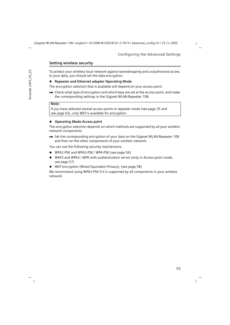 Setting wireless security | Siemens 108 User Manual | Page 57 / 143