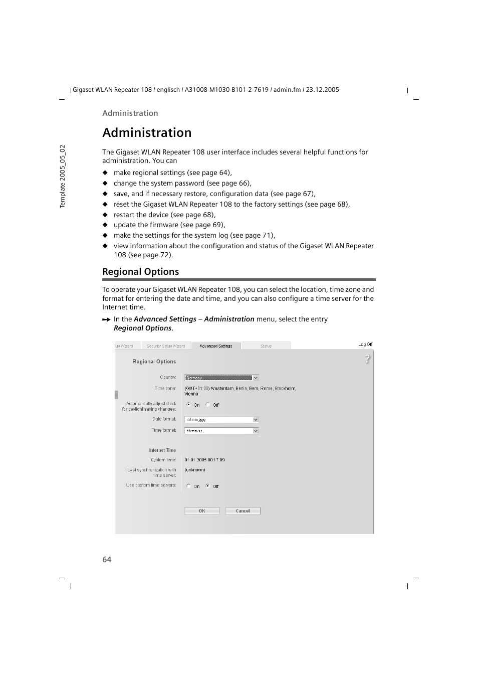 Administration, Regional options | Siemens 108 User Manual | Page 66 / 143