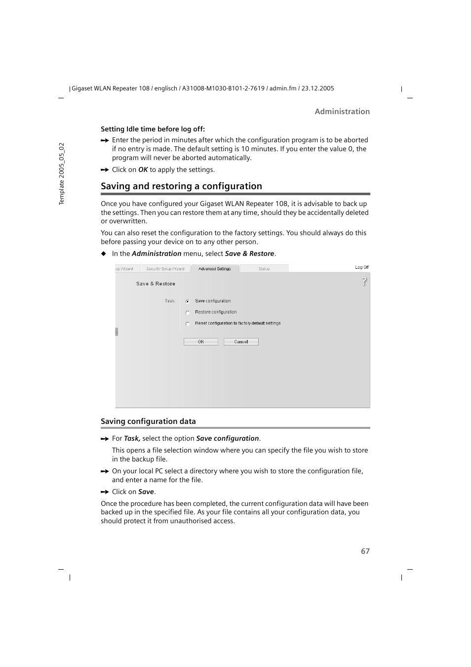 Saving and restoring a configuration, Saving configuration data | Siemens 108 User Manual | Page 69 / 143