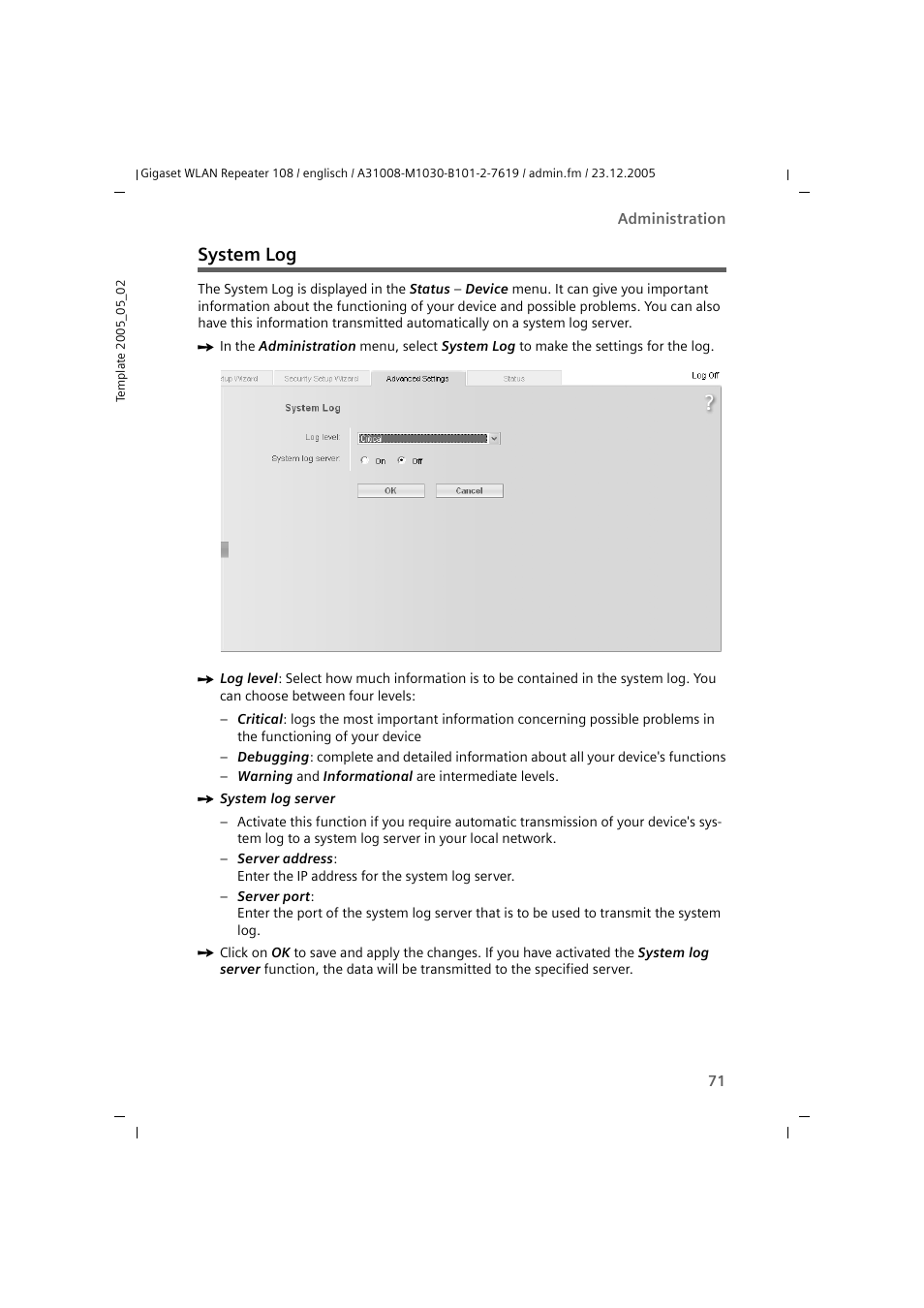 System log | Siemens 108 User Manual | Page 73 / 143