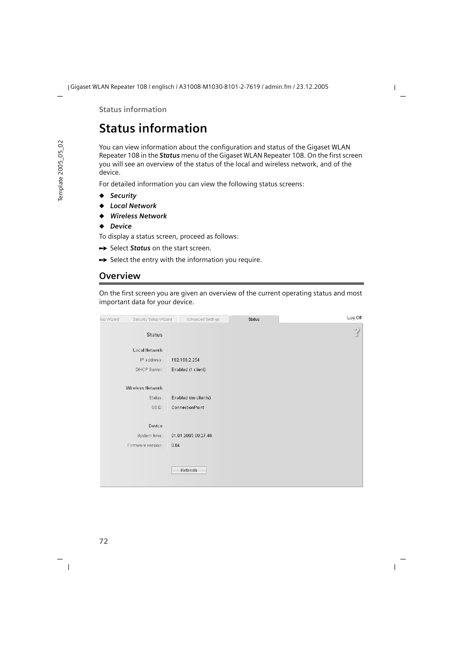 Status information, Overview | Siemens 108 User Manual | Page 74 / 143