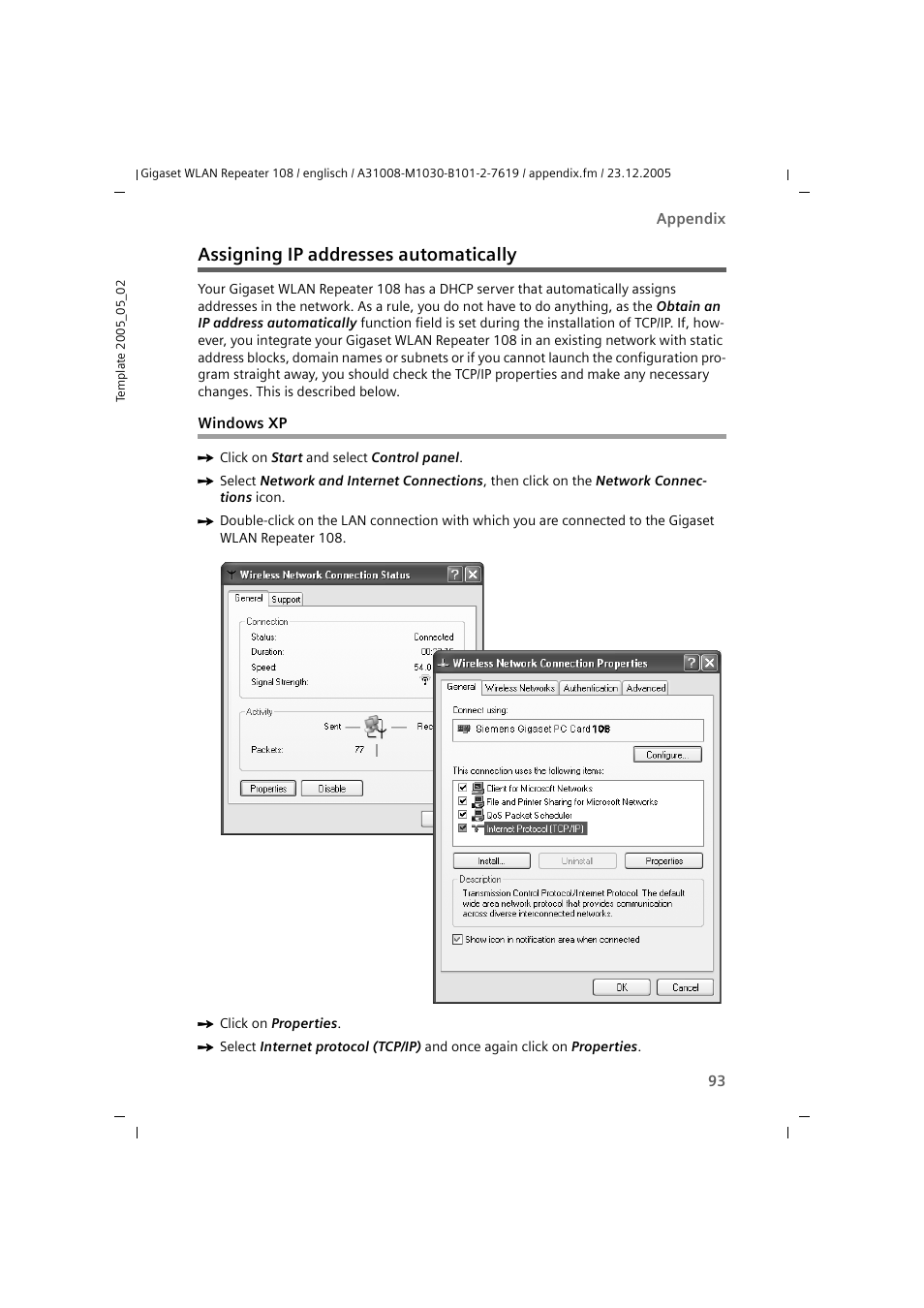 Assigning ip addresses automatically, Windows xp | Siemens 108 User Manual | Page 95 / 143