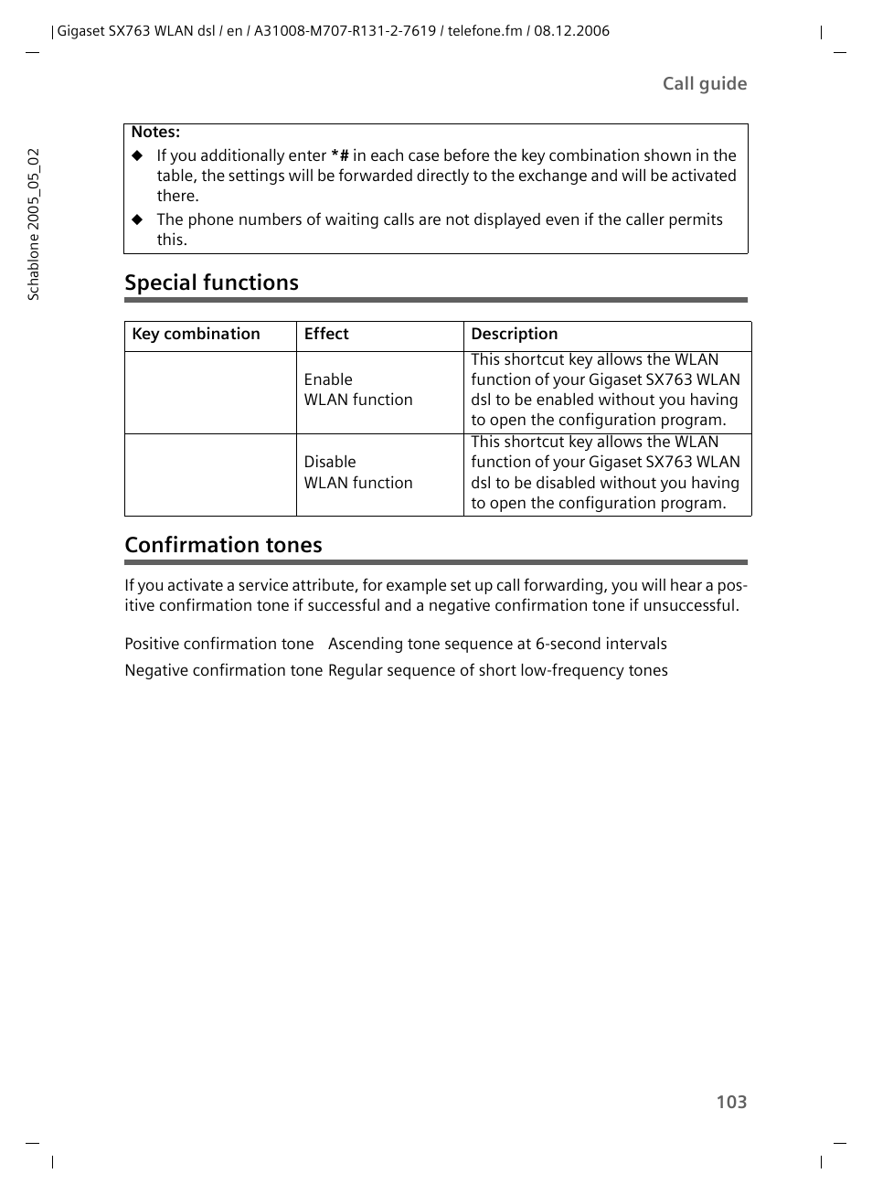 Special functions, Confirmation tones, Special functions confirmation tones | Siemens SX763 User Manual | Page 103 / 156