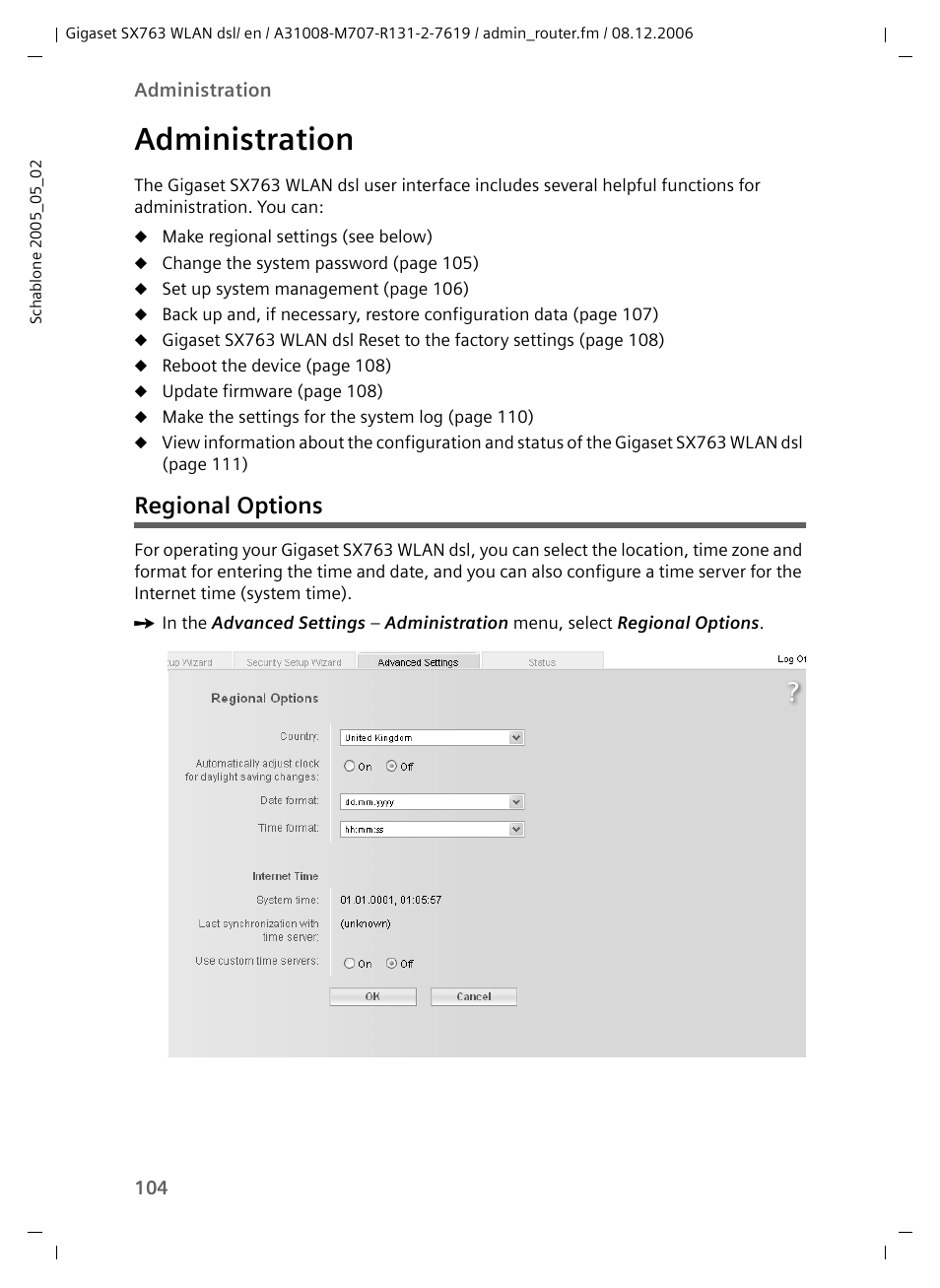 Administration, Regional options | Siemens SX763 User Manual | Page 104 / 156