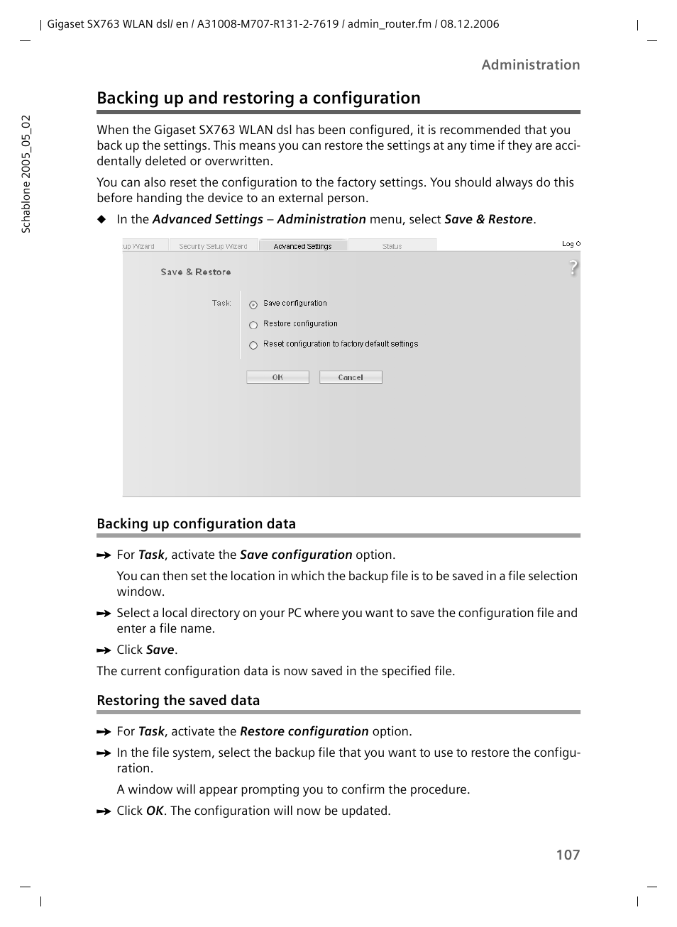 Backing up and restoring a configuration, Backing up configuration data, Restoring the saved data | Siemens SX763 User Manual | Page 107 / 156