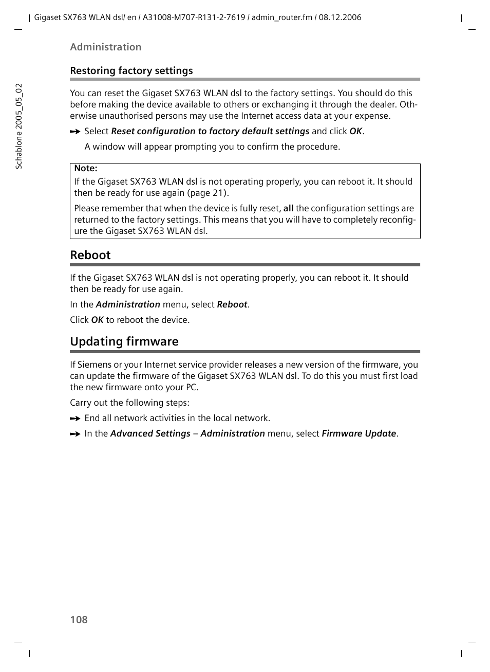 Restoring factory settings, Reboot, Updating firmware | Reboot updating firmware | Siemens SX763 User Manual | Page 108 / 156