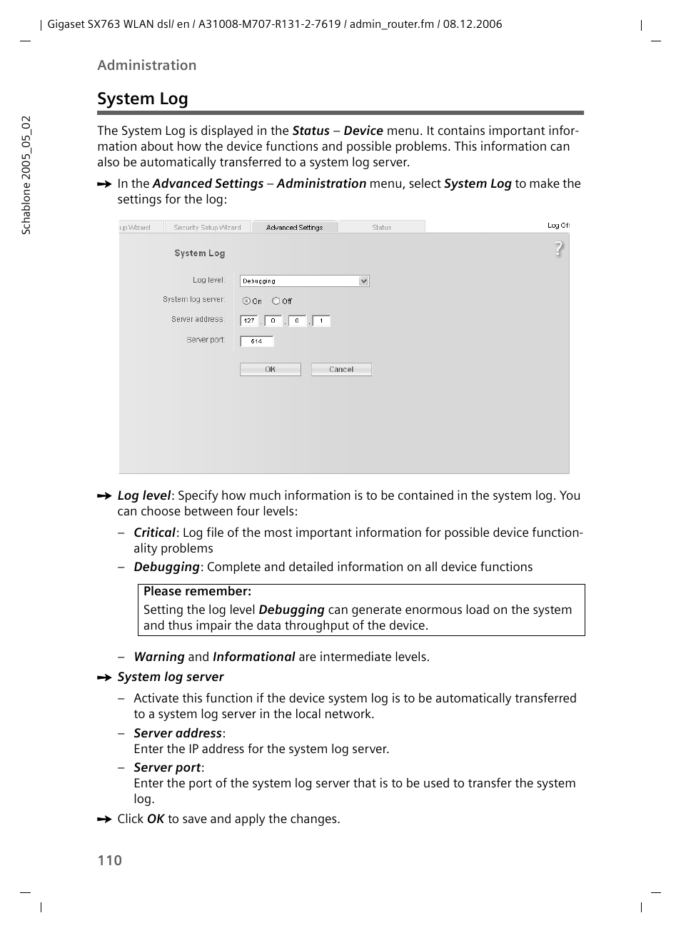 System log | Siemens SX763 User Manual | Page 110 / 156