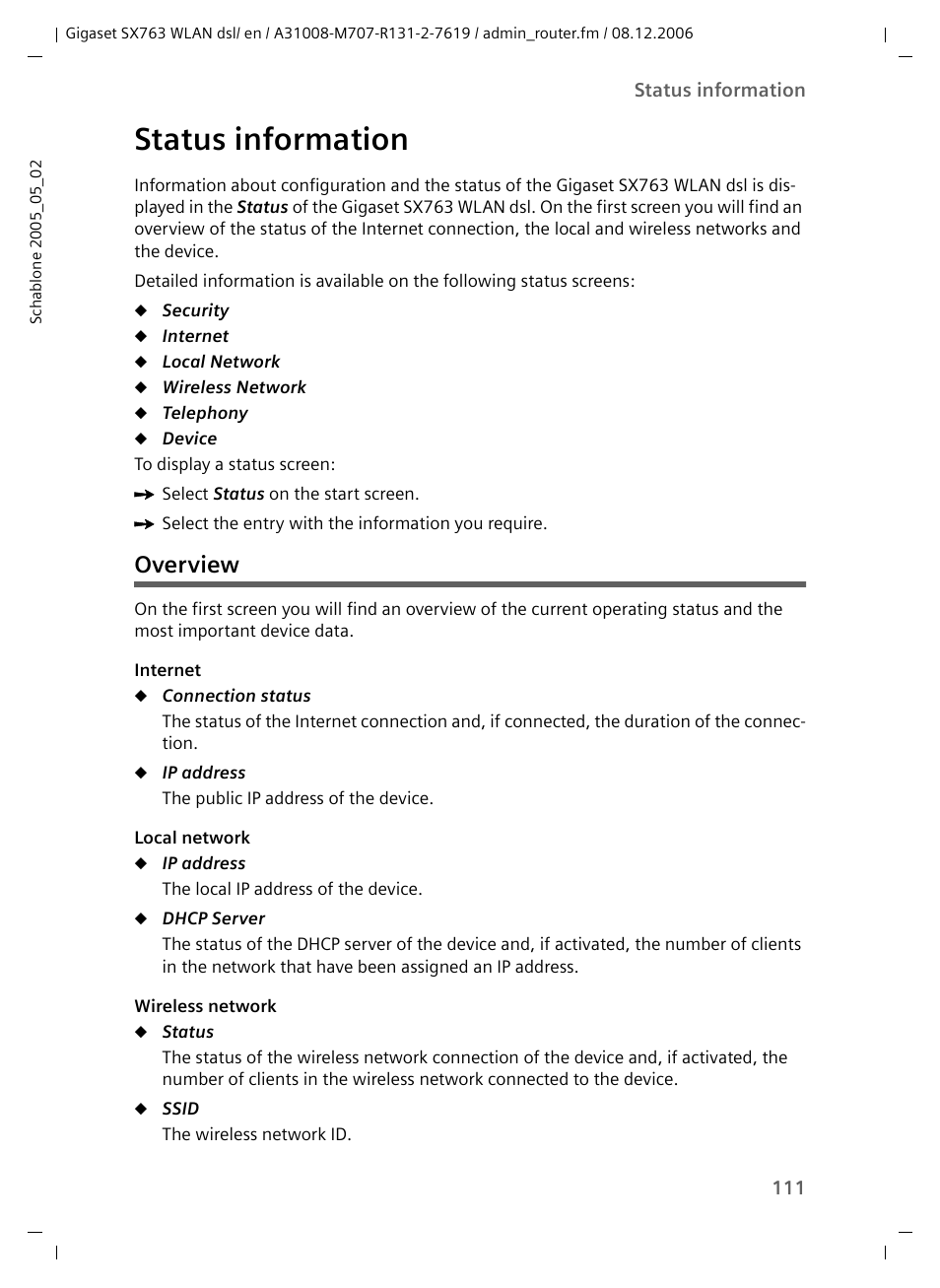 Status information, Overview | Siemens SX763 User Manual | Page 111 / 156