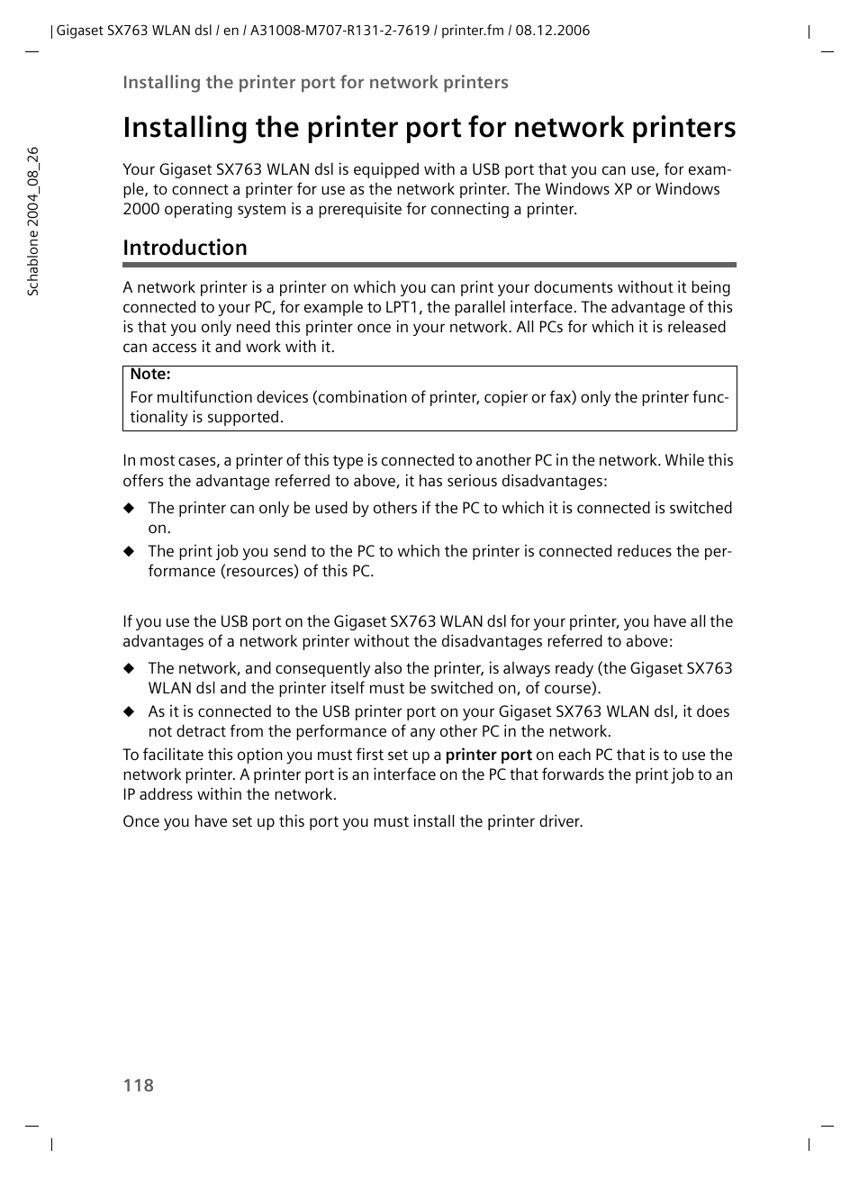 Installing the printer port for network printers, Introduction | Siemens SX763 User Manual | Page 118 / 156