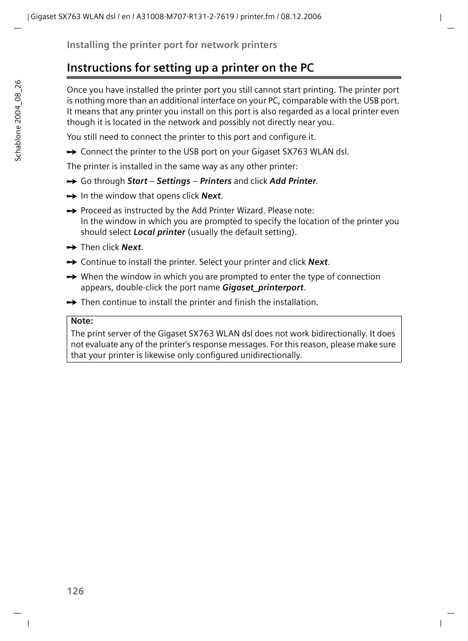 Instructions for setting up a printer on the pc | Siemens SX763 User Manual | Page 126 / 156