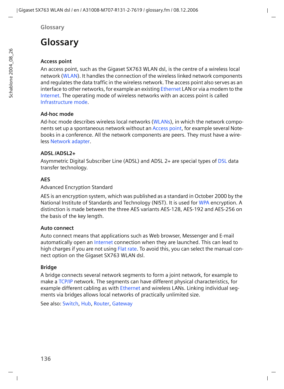 Glossary, Ed adsl modem, Adsl /adsl2 | Siemens SX763 User Manual | Page 136 / 156