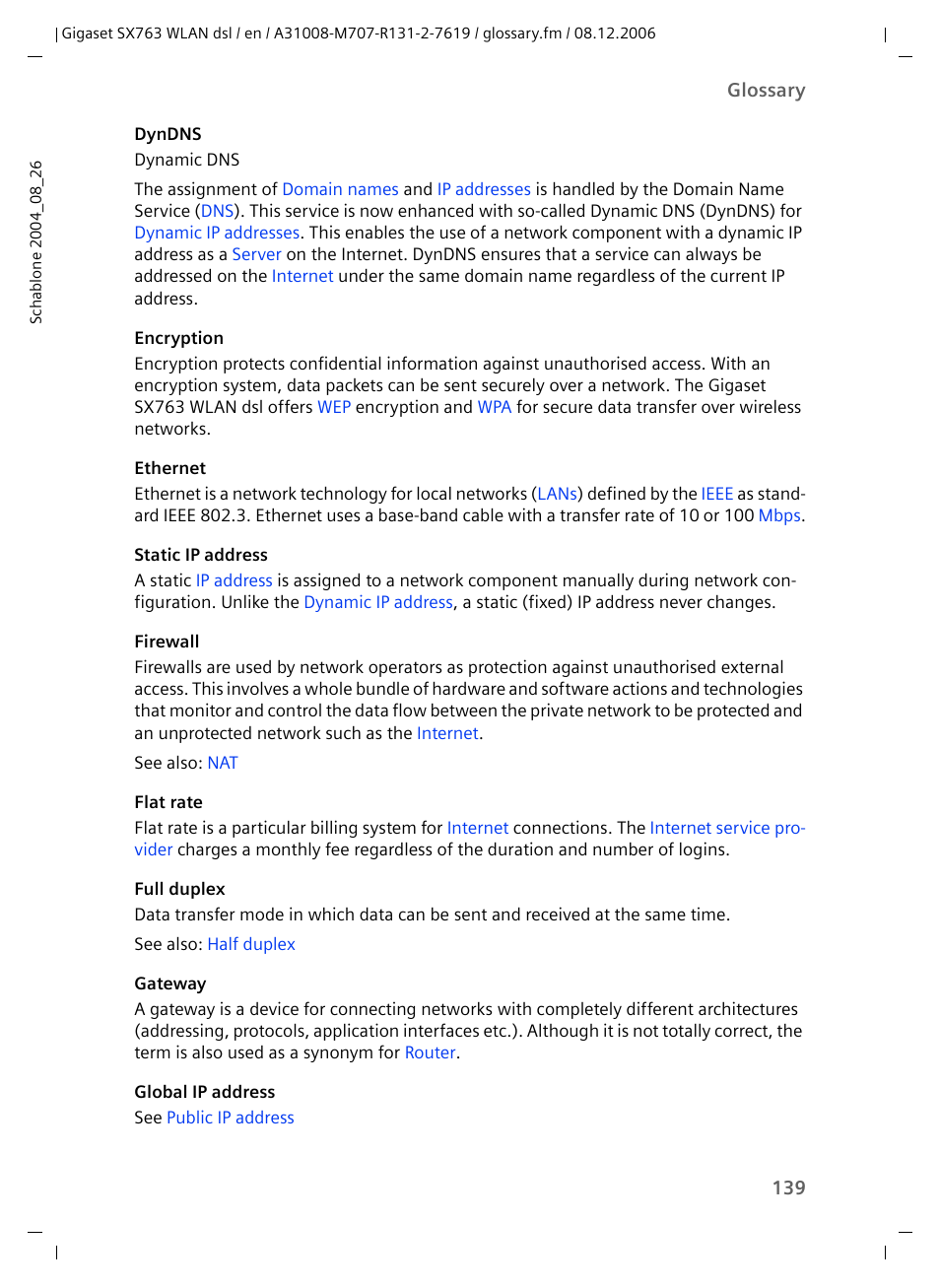 Ethernet, Firewall, Encryption | Dyndns, T up, Flat rate, With, Gateway, Static ip address | Siemens SX763 User Manual | Page 139 / 156