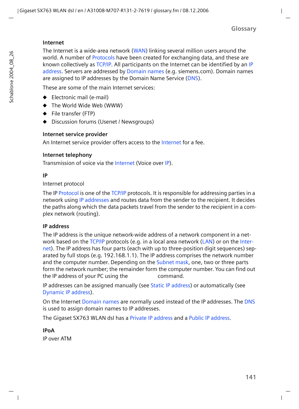 Internet, Internet telephony, Internet service provider | Internet acces, Vice's, Ip address, Matically open an, Ip addresses, Esponding, Can be | Siemens SX763 User Manual | Page 141 / 156