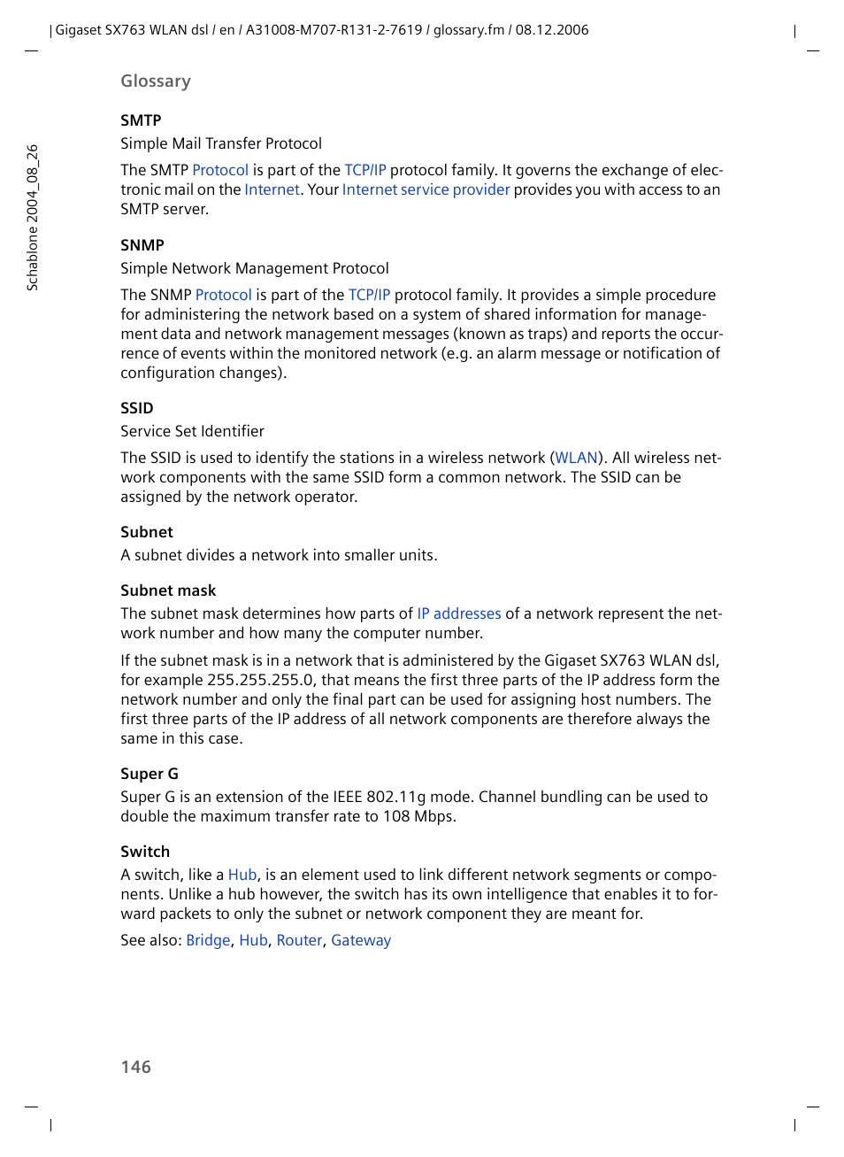 Ssid, Switch, Subnet mask | Specifies, Super g, Can b | Siemens SX763 User Manual | Page 146 / 156