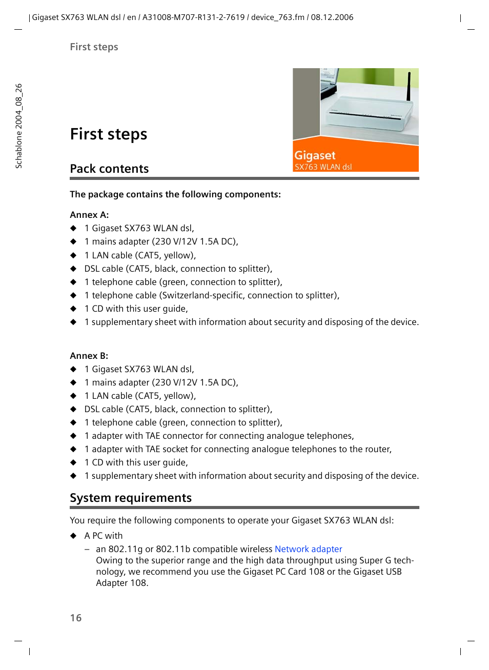 First steps, Pack contents, System requirements | Pack contents system requirements | Siemens SX763 User Manual | Page 16 / 156