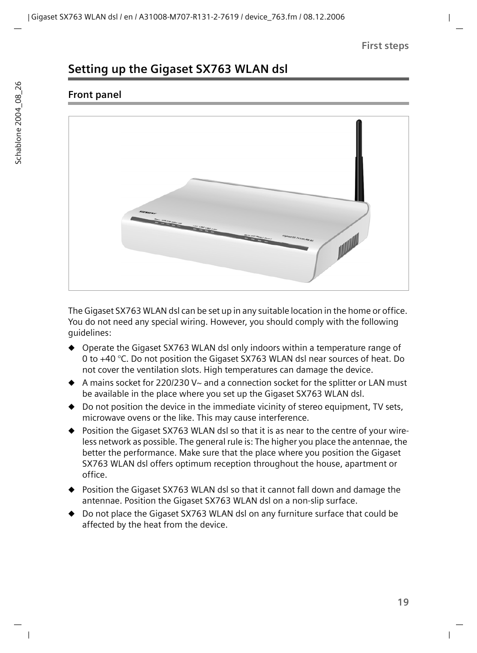 Setting up the gigaset sx763 wlan dsl, Front panel | Siemens SX763 User Manual | Page 19 / 156