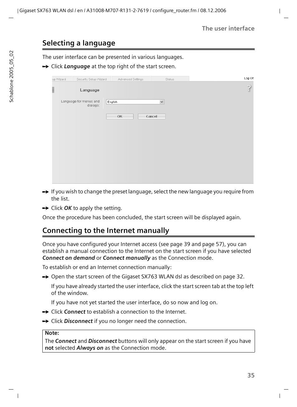 Selecting a language, Connecting to the internet manually | Siemens SX763 User Manual | Page 35 / 156