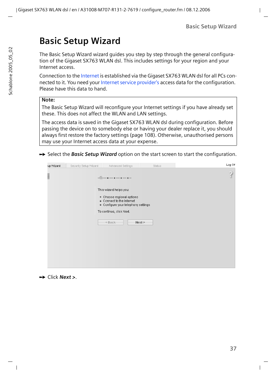 Basic setup wizard | Siemens SX763 User Manual | Page 37 / 156