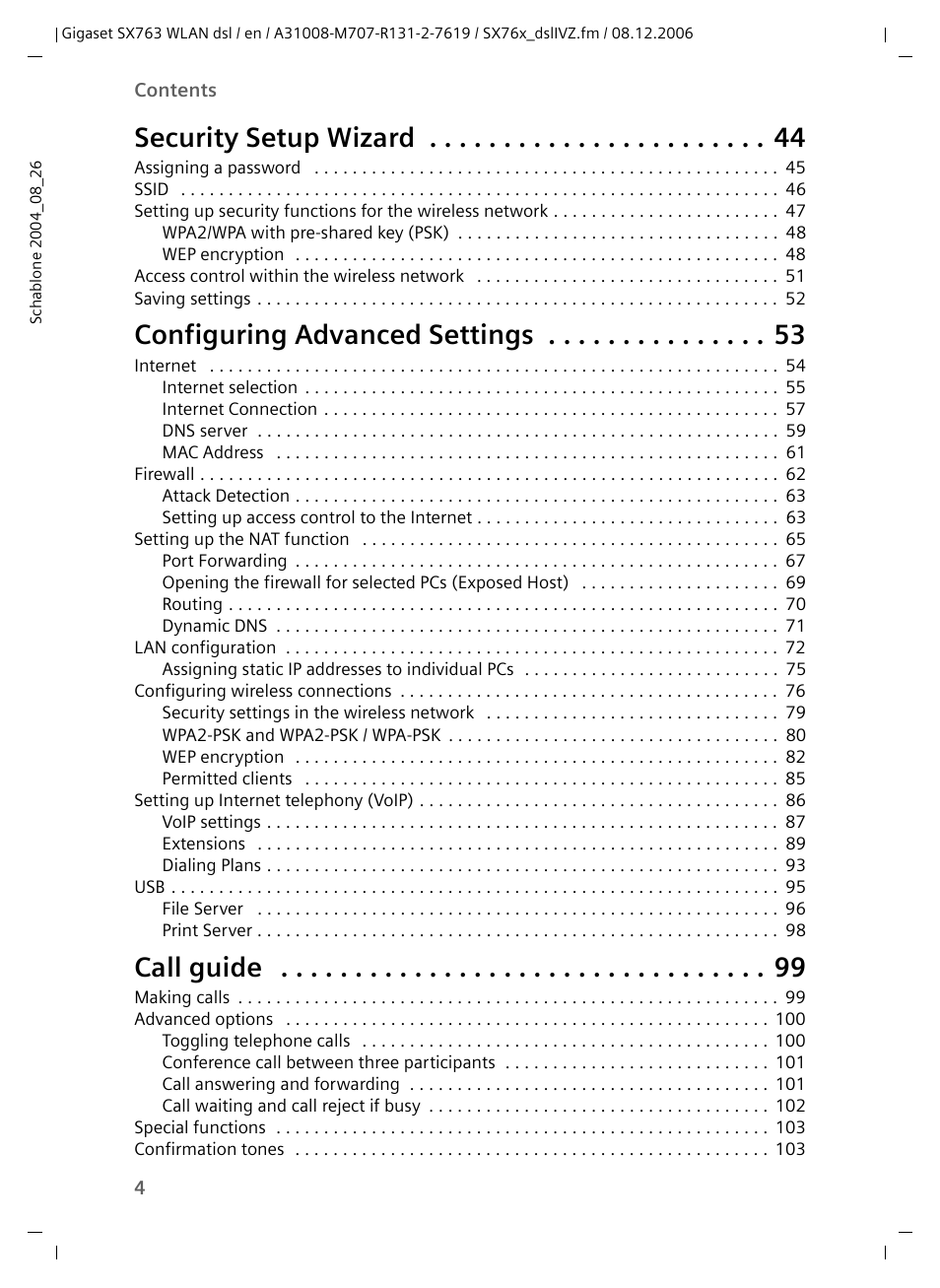 Security setup wizard, Configuring advanced settings, Call guide | Siemens SX763 User Manual | Page 4 / 156