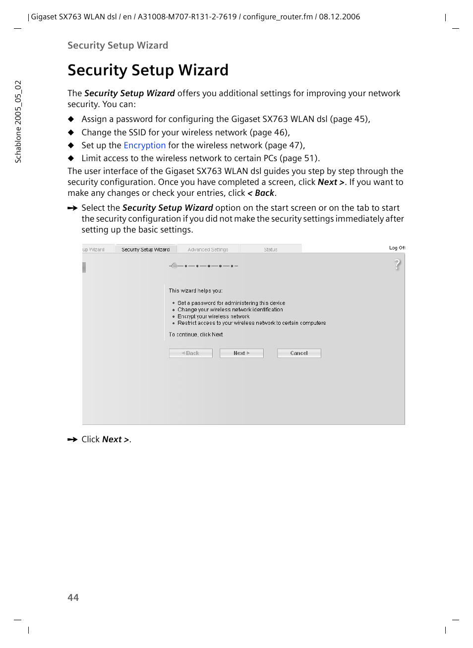 Security setup wizard | Siemens SX763 User Manual | Page 44 / 156