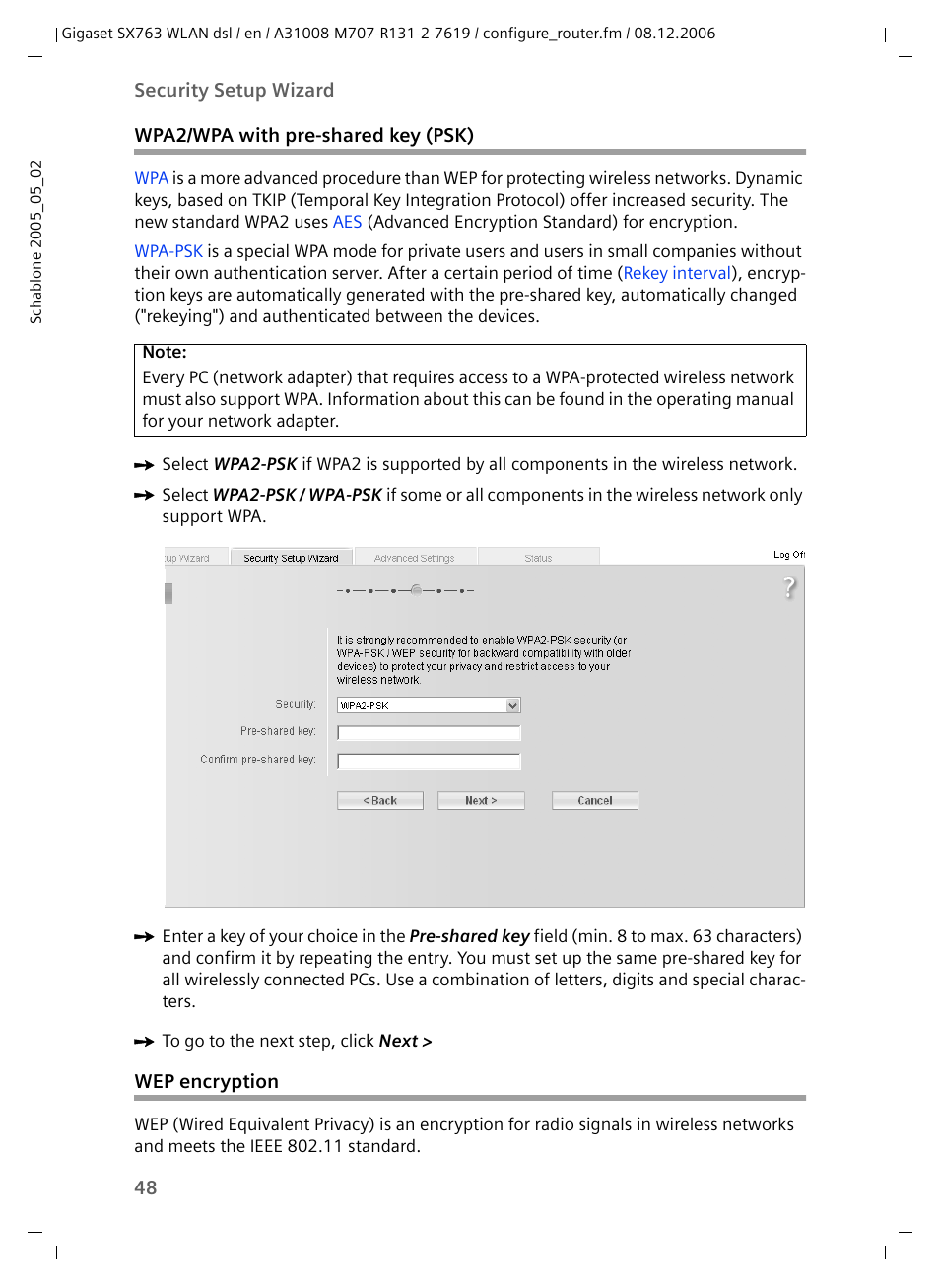 Wpa2/wpa with pre-shared key (psk), Wep encryption, Wpa2/wpa with pre-shared key (psk) wep encryption | Siemens SX763 User Manual | Page 48 / 156