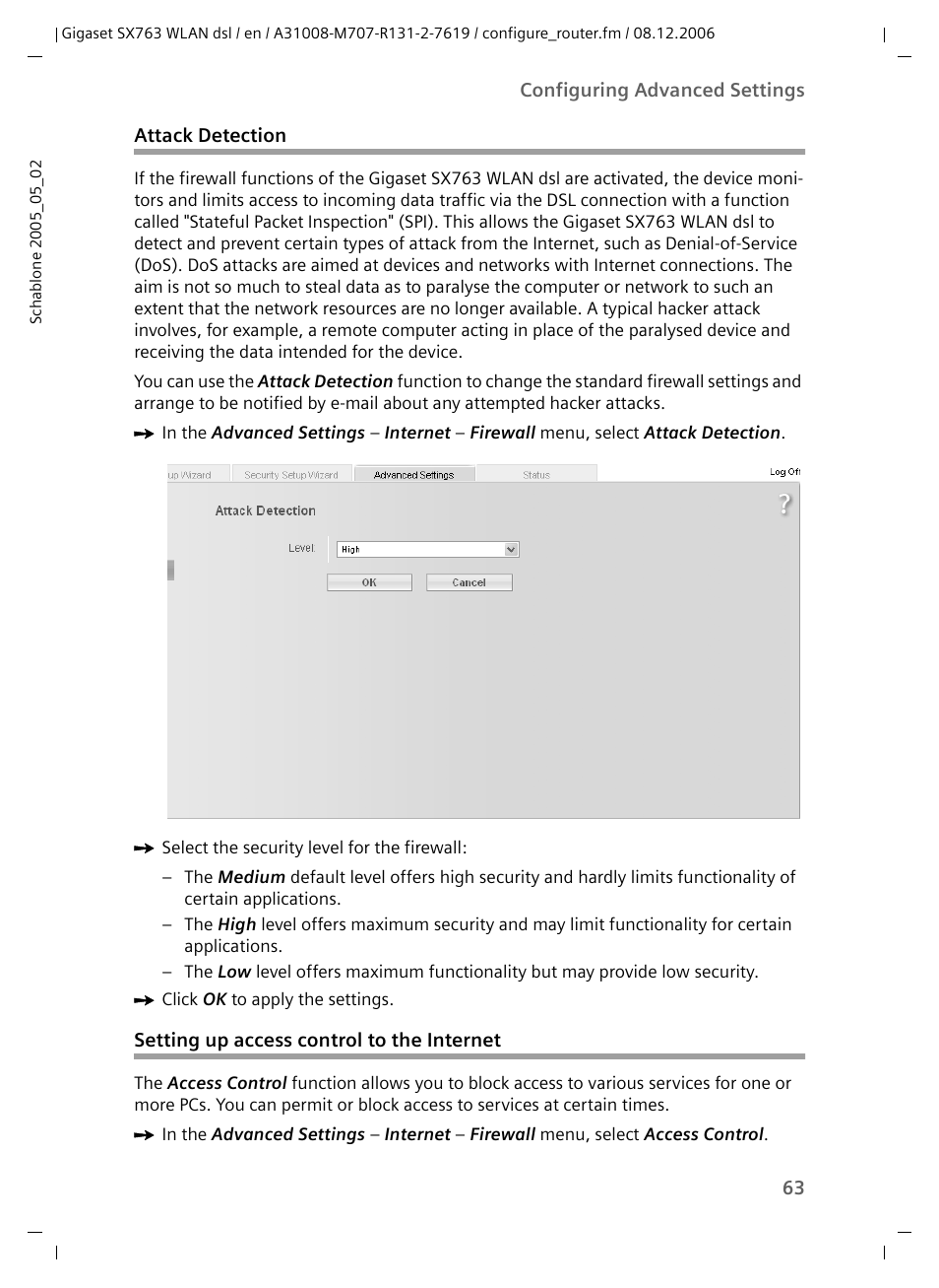 Attack detection, Setting up access control to the internet | Siemens SX763 User Manual | Page 63 / 156